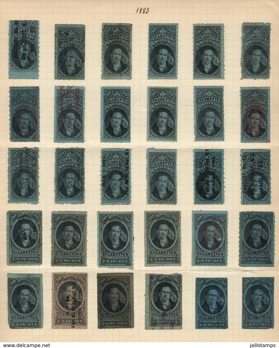 UNITED STATES: CIGARETTES: Year 1883, 4 Old Album Pages With 99 Stamps For 10 And 20, Some Examples Overprinted (1897 Pr - Revenues