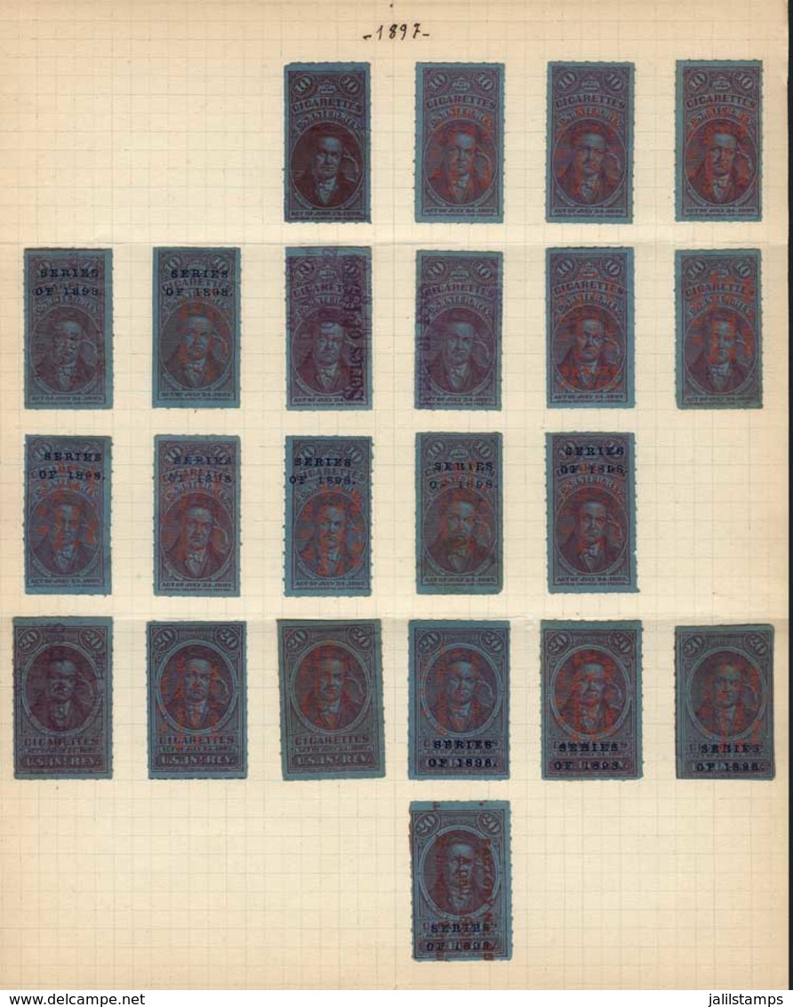 UNITED STATES: CIGARETTES: Year 1897, Old Album Pages With 22 Stamps For 10 And 20, Some Examples Overprinted (1898 Prov - Steuermarken