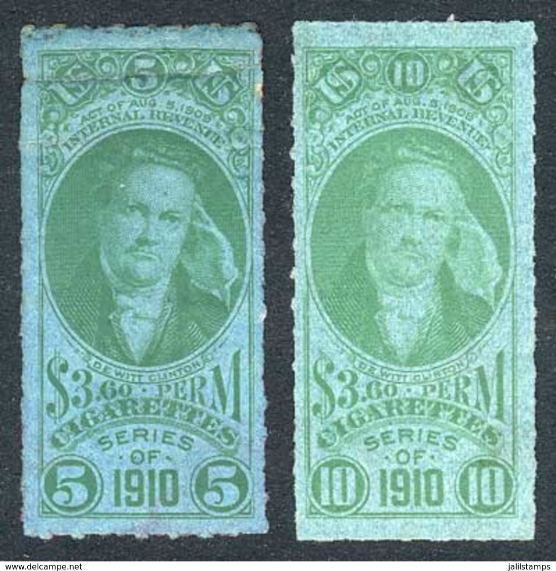 UNITED STATES: CIGARETTES: Year 1910, 2 Examples For 5 And 10 Printed In Green On Bluish Paper, Fine Quality! - Fiscaux