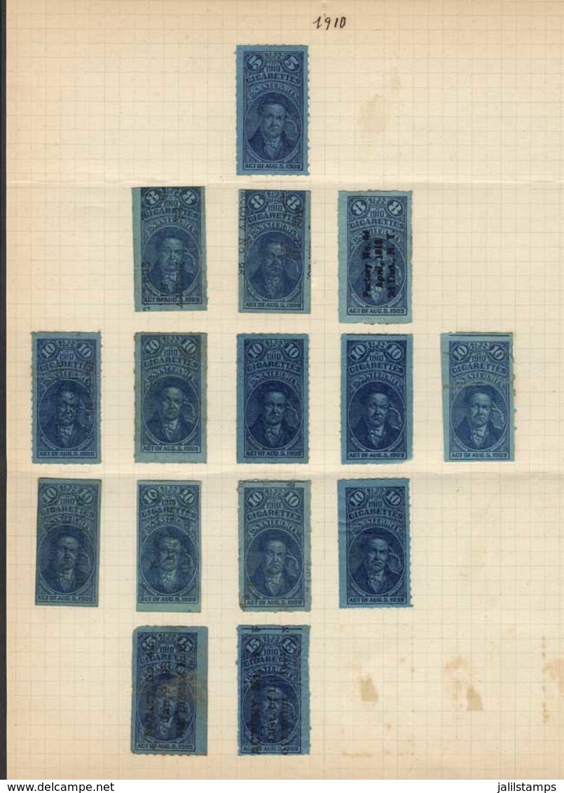 UNITED STATES: CIGARETTES: Year 1910, 2 Old Album Pages With 27 Stamps For 5, 8, 10, 15 And 20, Including A Vertical Pai - Revenues