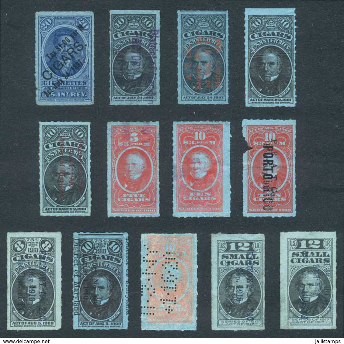 UNITED STATES: CIGARS + SMALL CIGARS: Years 1910/1917, 13 Revenue Stamps, Fine To VF General Quality (some With Defects) - Revenues