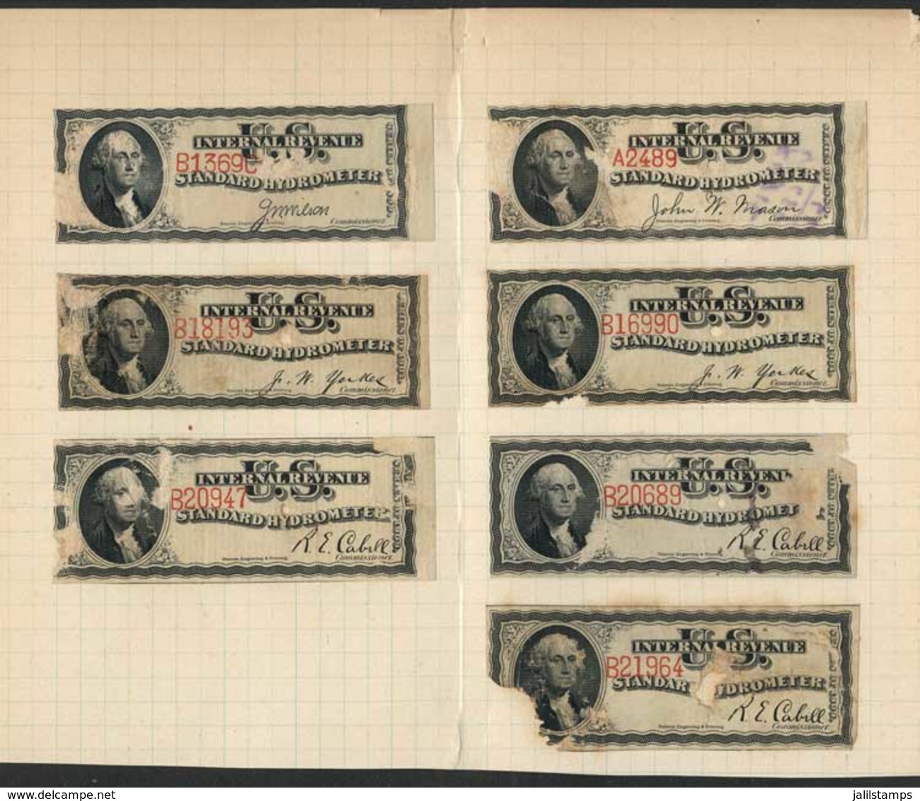 UNITED STATES: STANDARD HYDROMETER: 7 Stamps Of 1889 To 1909, With Signatures Of Mason, Wilson, Yerkes And Cabell. All W - Steuermarken