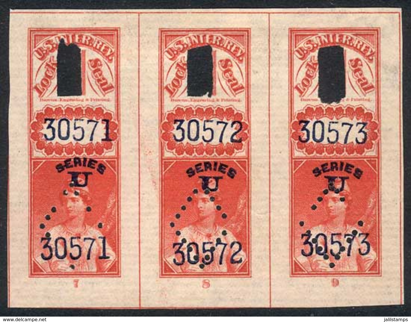 UNITED STATES: LOCK SEAL: In Red With Letters In Black, Series U, Beautiful Strip Of 3, VF Quality! - Revenues