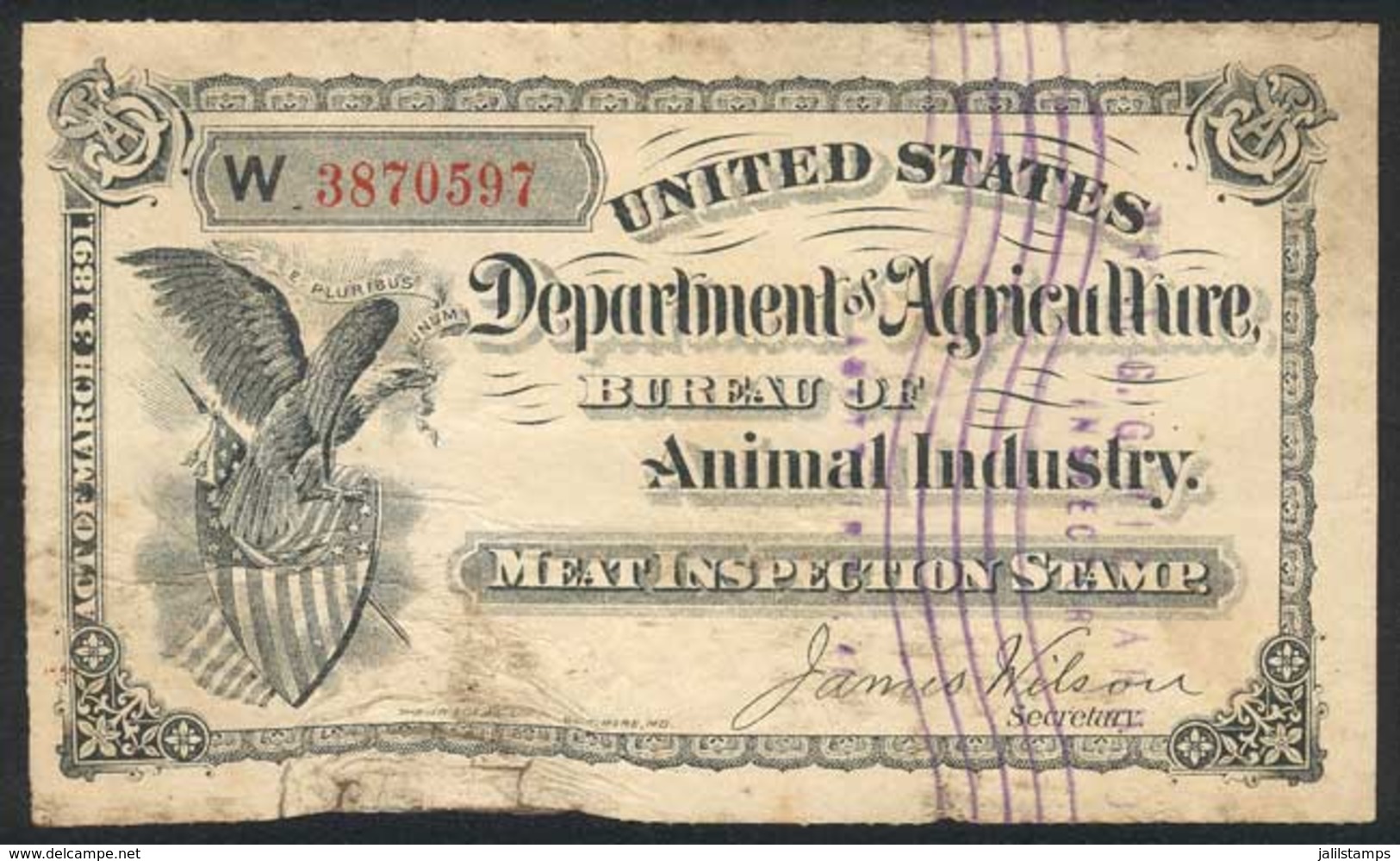 UNITED STATES: MEAT INSPECTION STAMP: Year 1891, Series W, Little Defects, Very Nice! - Revenues