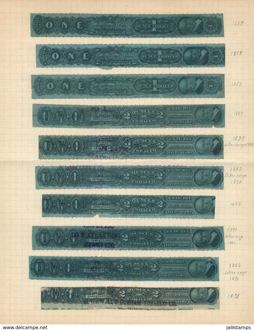 UNITED STATES: TOBACCO STRIPS: Year 1877 And Following, 35 Stamps On Album Pages Of An Old Collection, Varied Periods An - Steuermarken