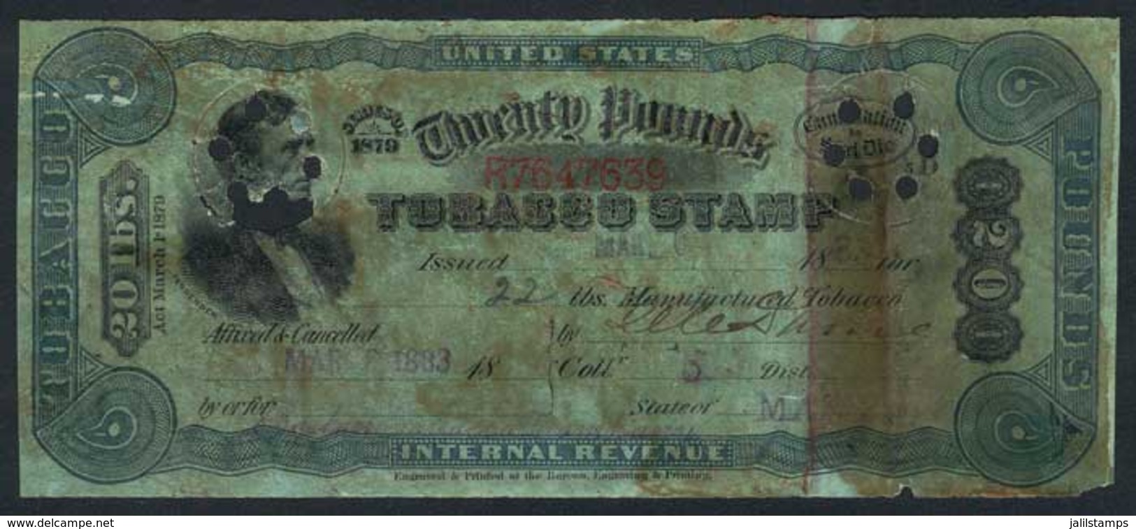 UNITED STATES: TOBACCO STAMP: 20 Lbs. Of 1883, With Defects, Laminated (varnish), Interesting, Very Low Start! - Steuermarken