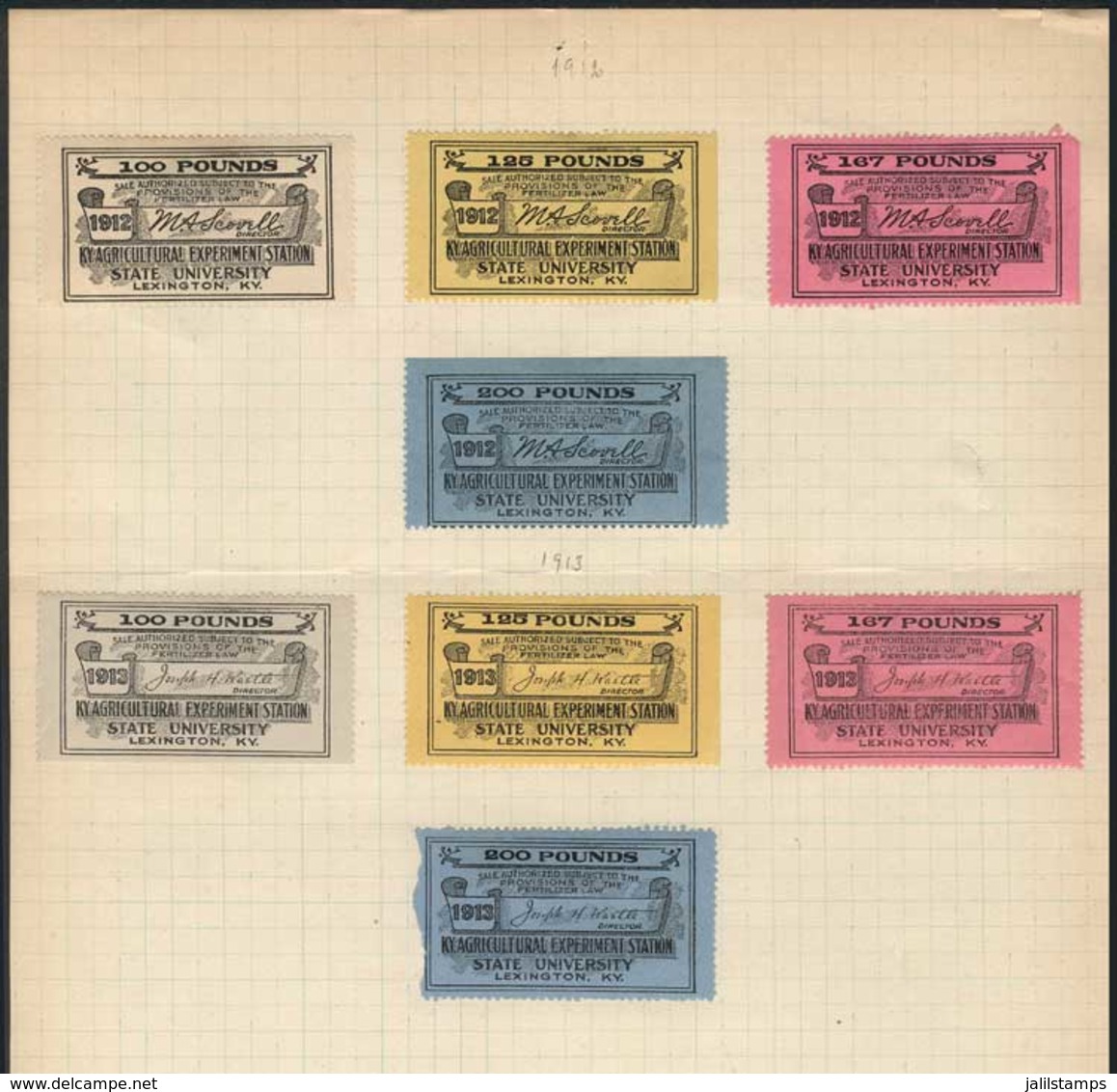 UNITED STATES: KENTUCKY:  Fertilizer Inspection Stamps, Series Of 1912 And 1913, Mint, On Old Album Page (some Are Adher - Steuermarken