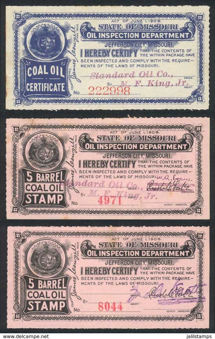 UNITED STATES: MISSOURI: Coal Oil Inspection Stamps, Year 1909, 3 Stamps Of Very Fine Quality, Interesting! - Steuermarken