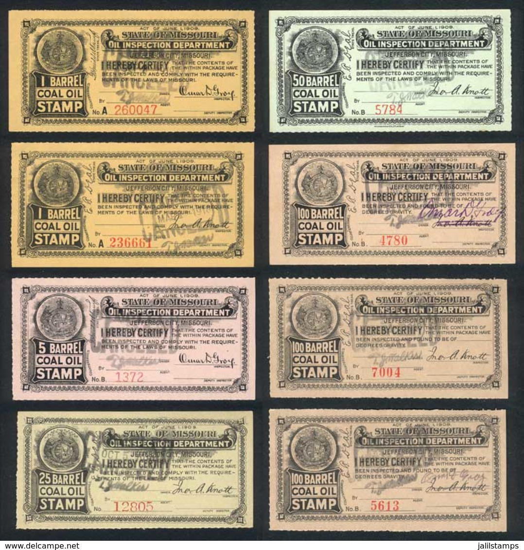 UNITED STATES: MISSOURI: Coal Oil Inspection Stamps, Year 1910, 8 Stamps Between 1 Bbl And 100 Bbl, Fine To VF Quality,  - Revenues