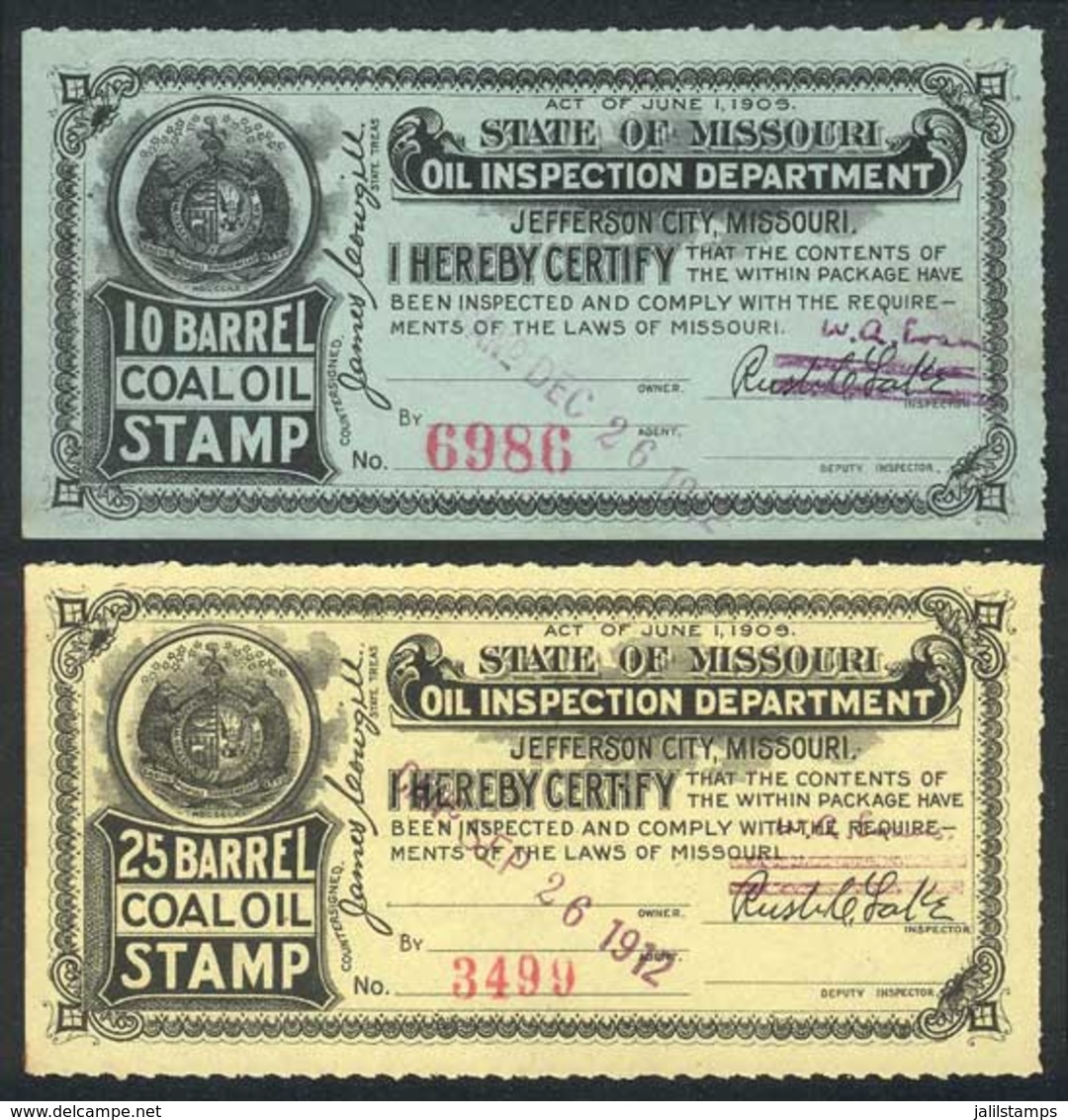 UNITED STATES: MISSOURI: Coal Oil Inspection Stamps, Year 1912, 2 Stamps Between 10 Bbl And 25 Bbl, Fine To VF Quality,  - Revenues