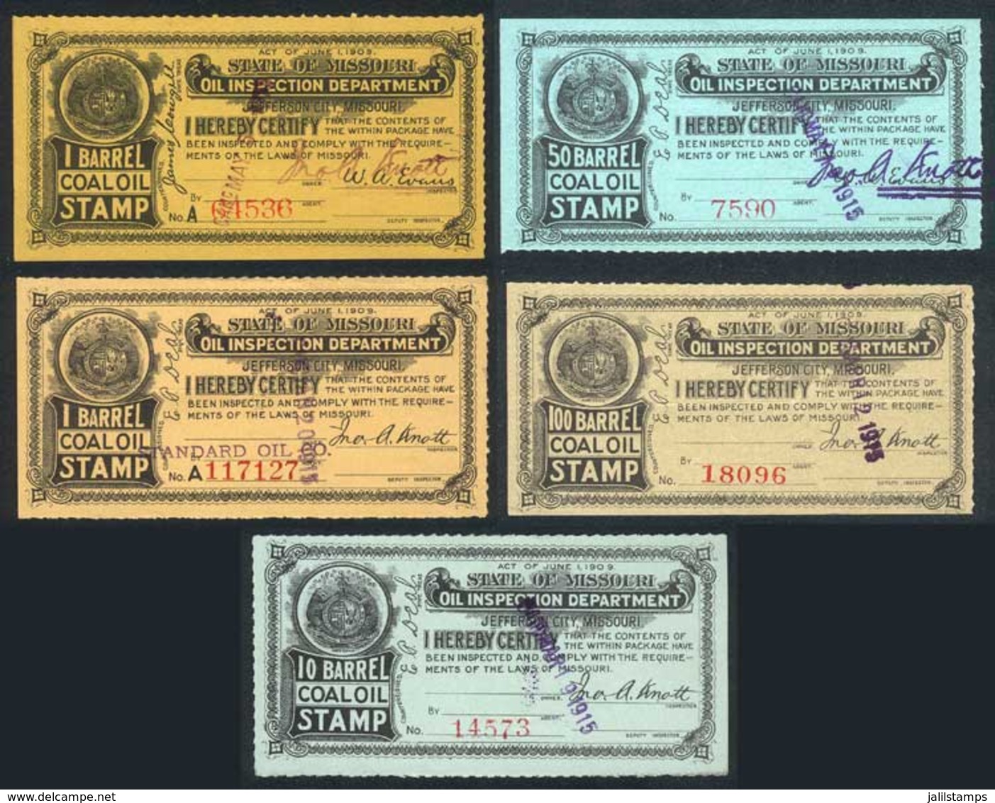 UNITED STATES: MISSOURI: Coal Oil Inspection Stamps, Year 1915, 5 Stamps Between 1 Bbl And 100 Bbl, Fine To VF Quality,  - Revenues