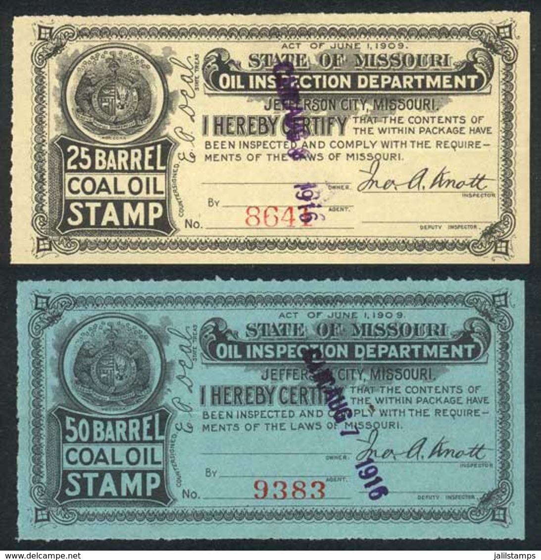 UNITED STATES: MISSOURI: Coal Oil Inspection Stamps, Year 1916, 2 Stamps Of 25 Bbl And 50 Bbl, Fine To VF Quality, Inter - Steuermarken