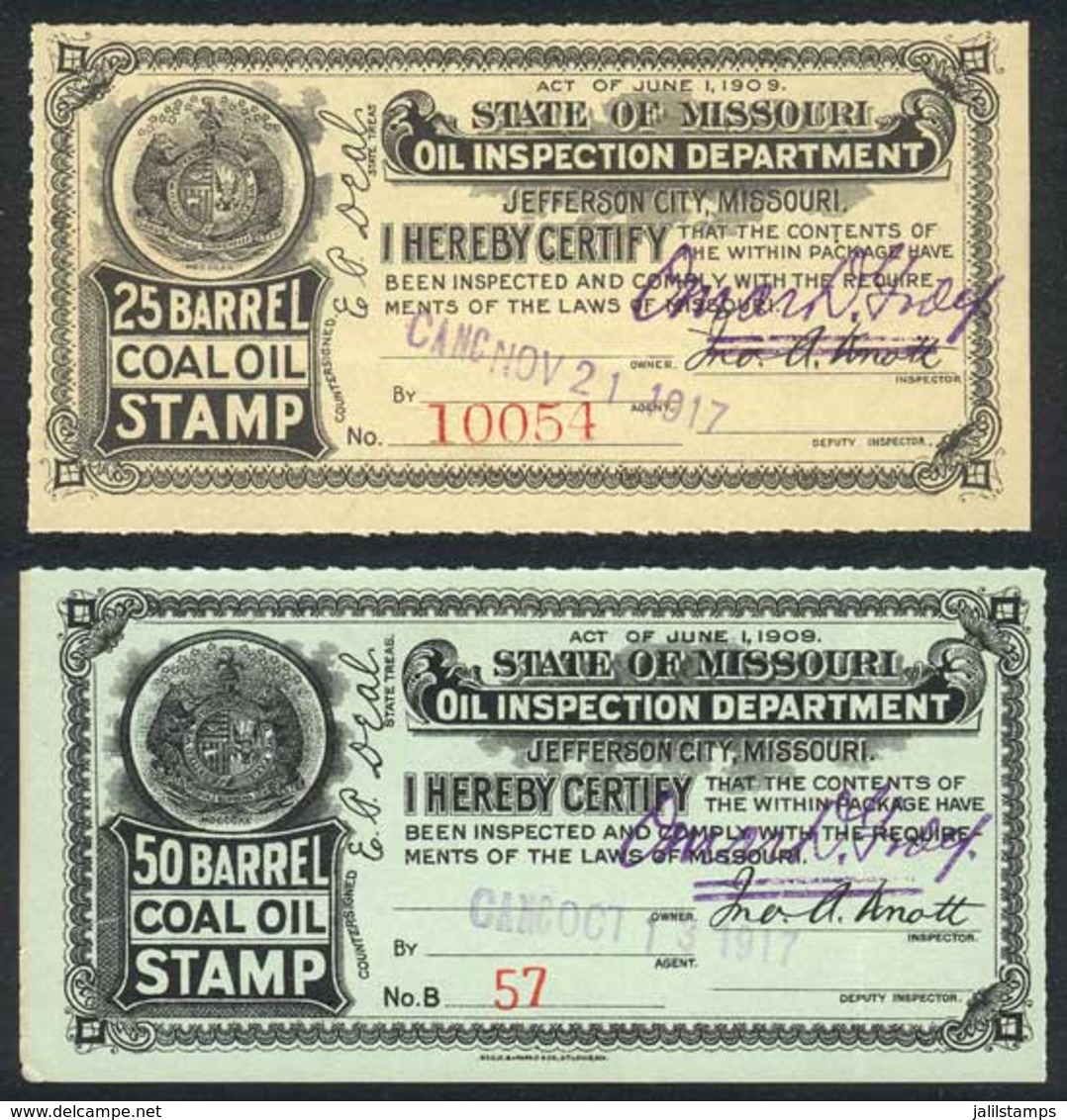 UNITED STATES: MISSOURI: Coal Oil Inspection Stamps, Year 1917, 2 Stamps Of 25 Bbl And 50 Bbl, Fine To VF Quality, Inter - Steuermarken