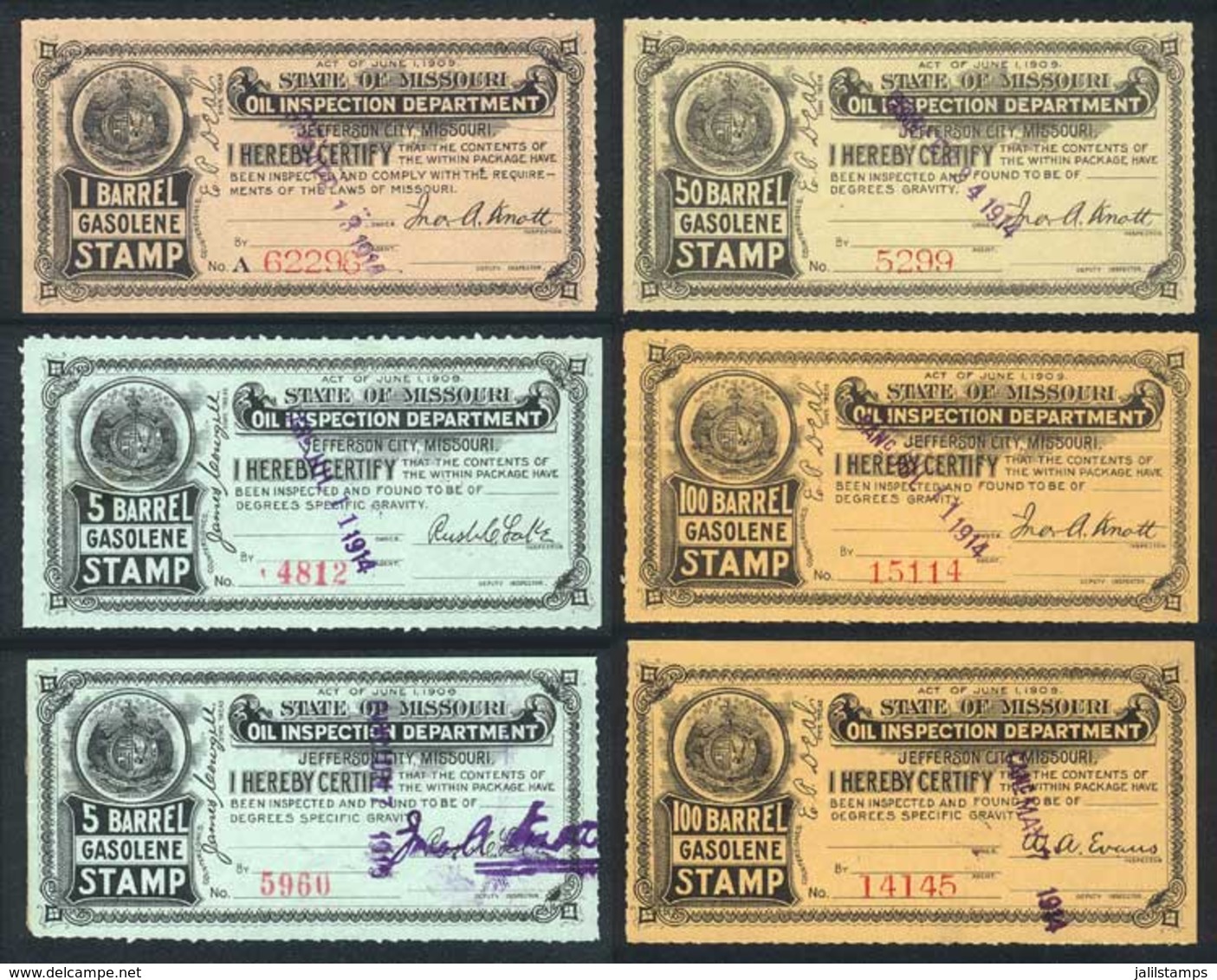 UNITED STATES: MISSOURI: Gasoline Inspection Stamps, Circa 1914, 6 Stamps Between 1 Bbl And 100 Bbl, Fine To VF Quality, - Revenues