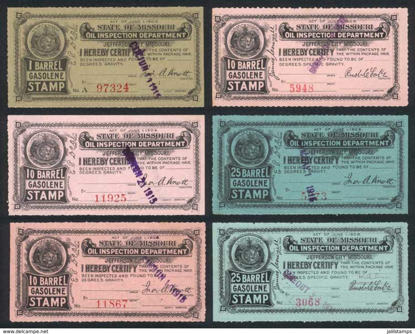UNITED STATES: MISSOURI: Gasoline Inspection Stamps, Circa 1915, 6 Stamps Between 1 Bbl And 25 Bbl, Fine To VF Quality,  - Revenues