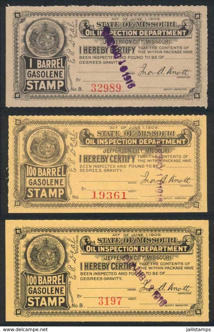 UNITED STATES: MISSOURI: Gasoline Inspection Stamps, Circa 1916, 3 Stamps Between 1 Bbl And 100 Bbl (x2, Different Shade - Fiscali