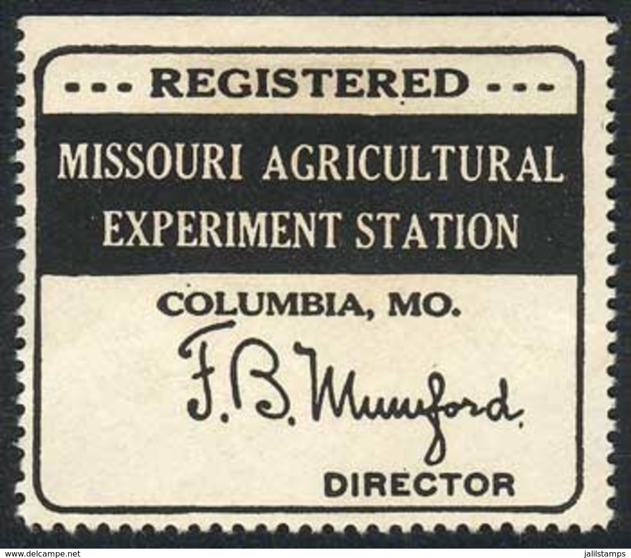 UNITED STATES: MISSOURI: Control Label Of The Missouri Agricultural Experiment Station, Unused With Part Gum, Little Def - Steuermarken