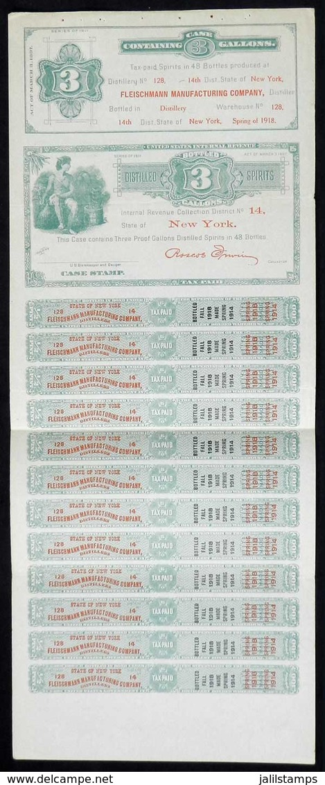 UNITED STATES: STATE OF NEW YORK: Fleischmann Manufacturing Co. Distilled Spirits, 3 Complete Sheets Of The Year 1918, L - Steuermarken