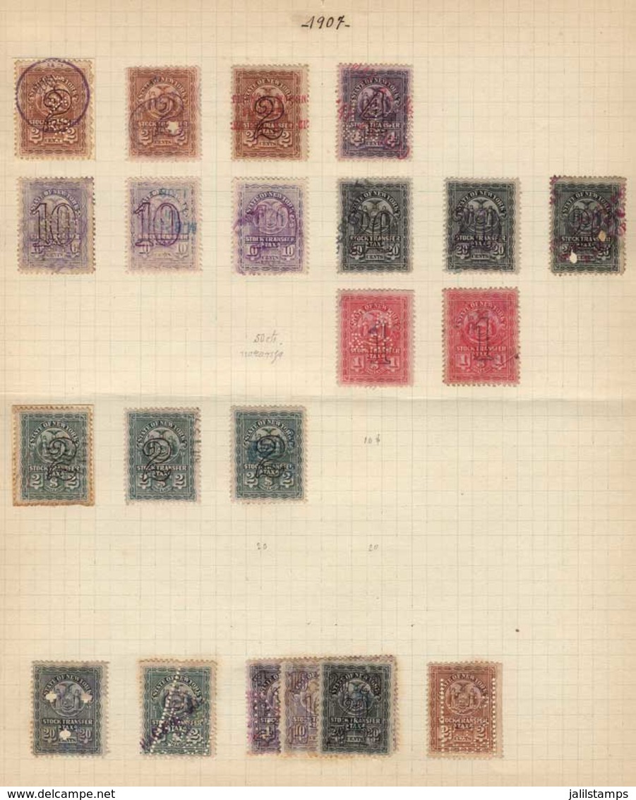 UNITED STATES: STATE OF NEW YORK: Stock Transfer, Year 1907, Album Page From An Old Collection, With 21 Stamps With Valu - Steuermarken