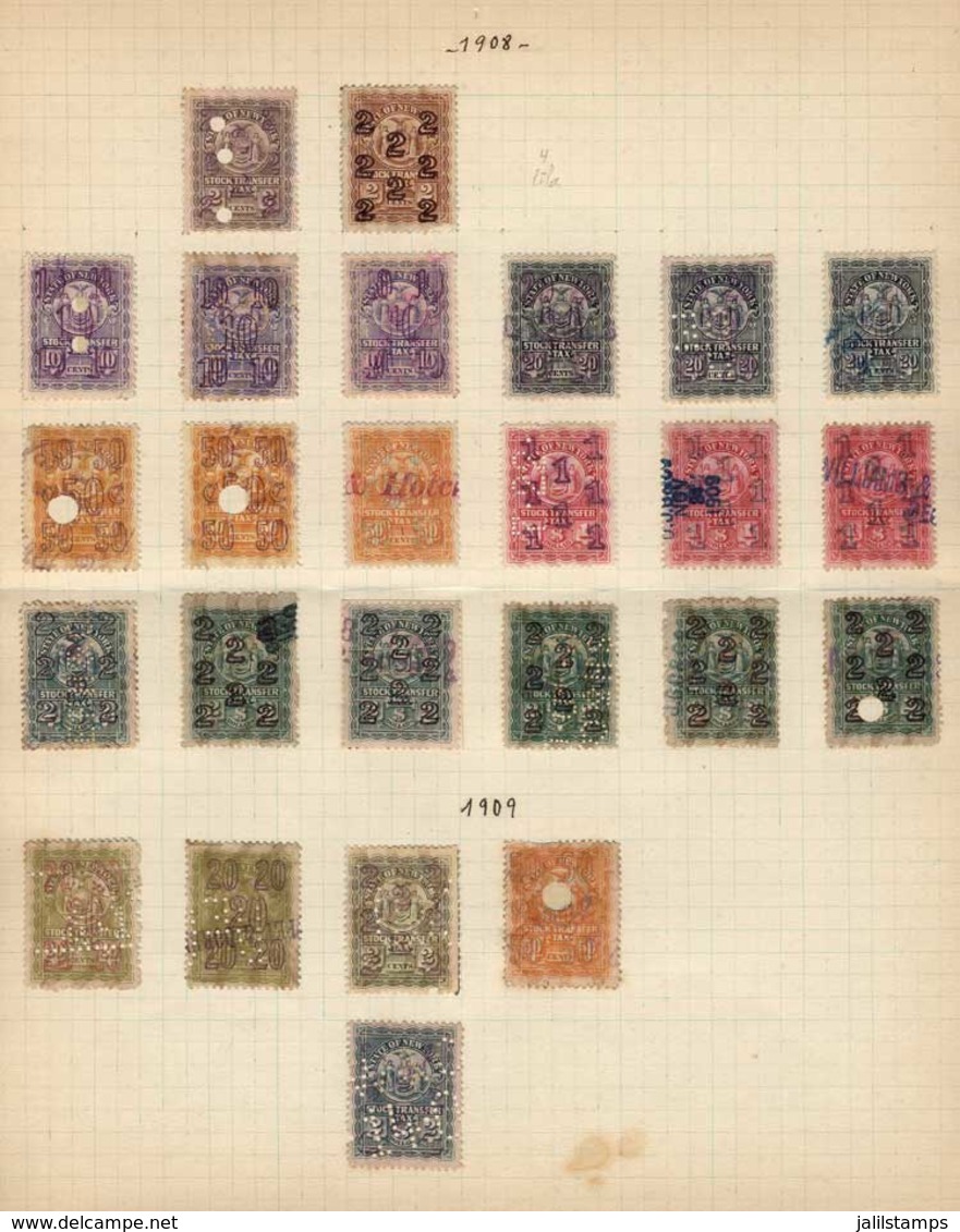 UNITED STATES: STATE OF NEW YORK: Stock Transfer, Year 1908/9, 2 Album Pages From An Old Collection, With 42 Stamps With - Steuermarken