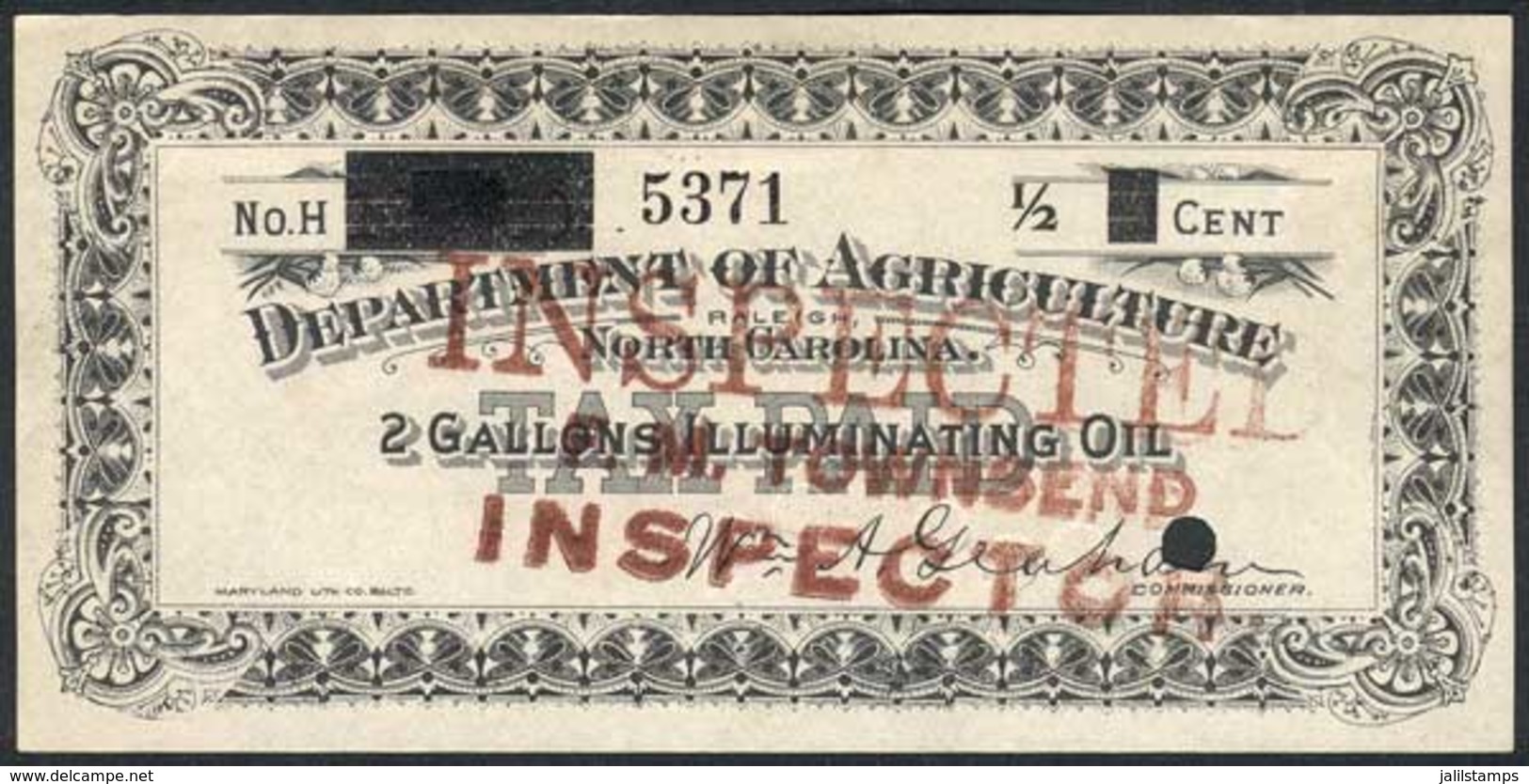 UNITED STATES: NORTH CAROLINA: 2 Gallons Illuminating Oil Inspection, 1c. Stamp With ½c. Surcharge And New Number, VF! - Fiscaux