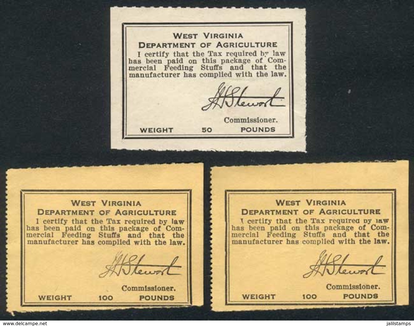 UNITED STATES: WEST VIRGINIA: Feed Inspection, 3 Stamps Mint Without Gum, VF! - Steuermarken