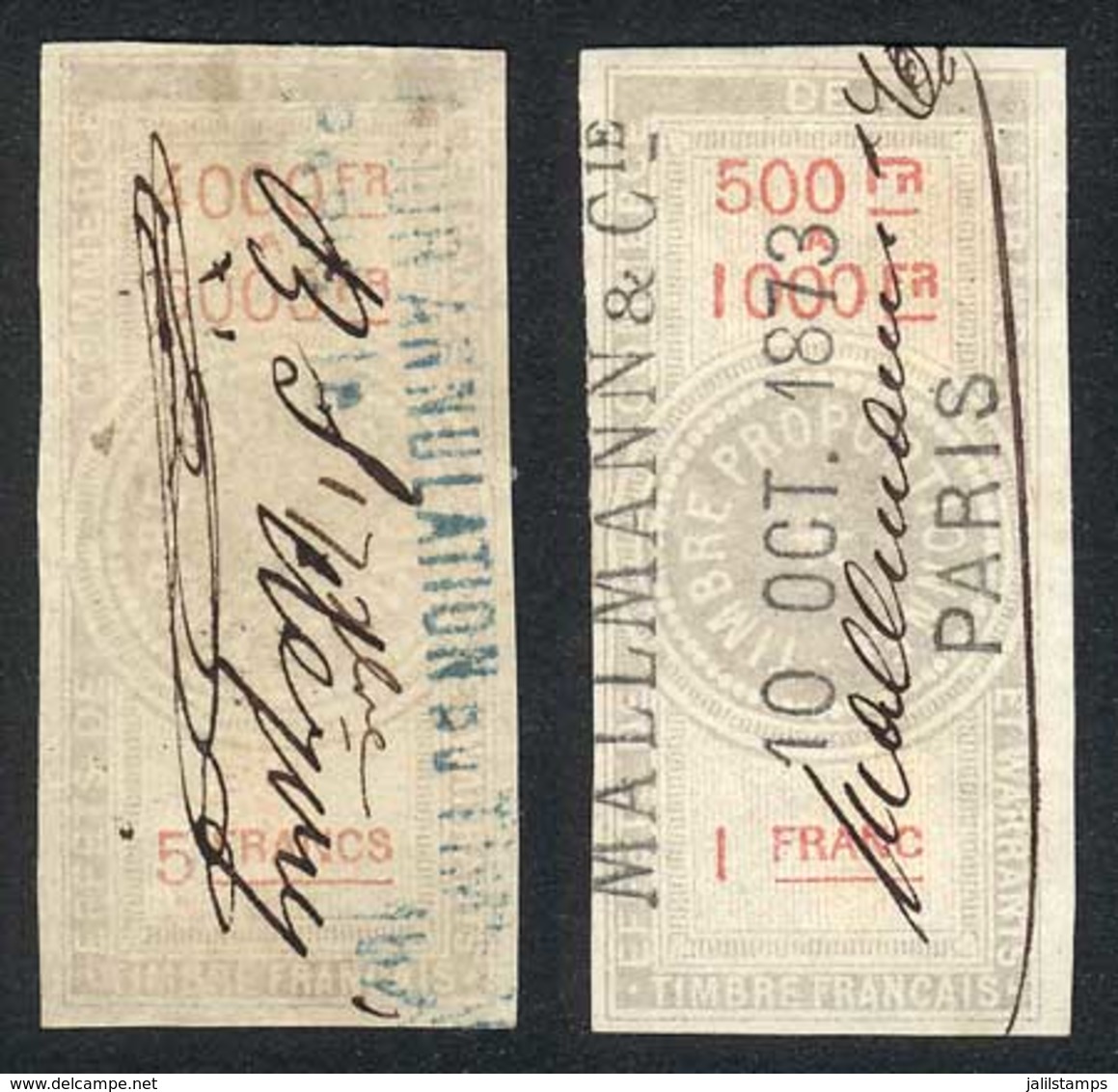 FRANCE: EFFETS DE COMMERCE: Year 1872, Values Of 1Fr. And 5Fr. With Variety: FR" Instead Of "F" At The End Of The Top Fi - Sonstige & Ohne Zuordnung