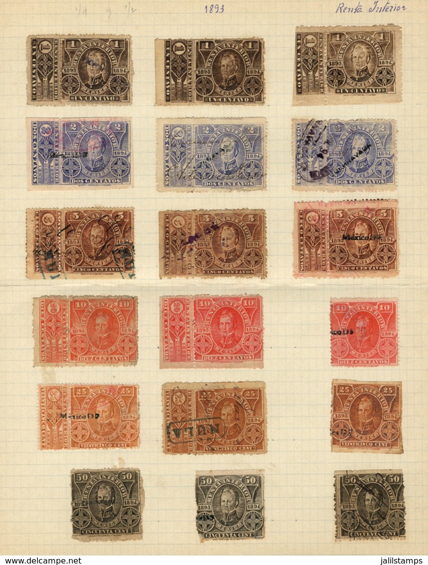 MEXICO: National Taxes, RENTA INTERIOR (Internal Revenue):  Year 1893, 3 Album Pages Of An Old Collection With 43 Stamps - Mexiko