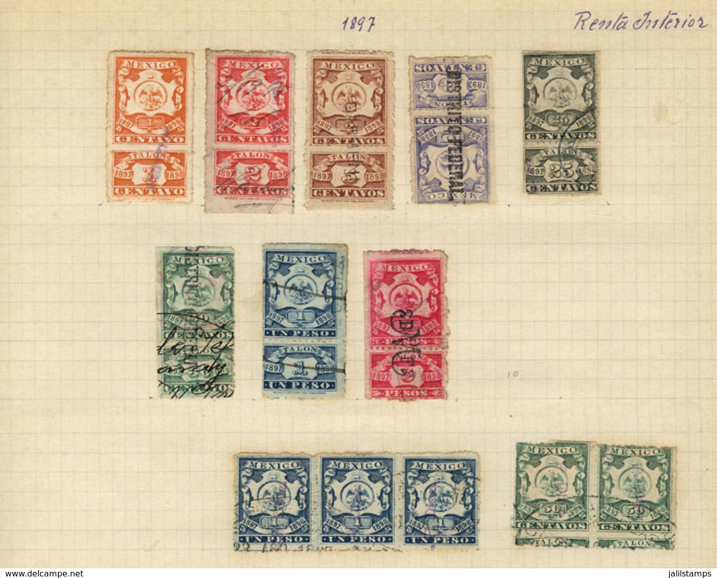 MEXICO: National Taxes, RENTA INTERIOR (Internal Revenue): Year 1897 To 1899, 6 Album Pages Of An Old Collection With 10 - Mexiko