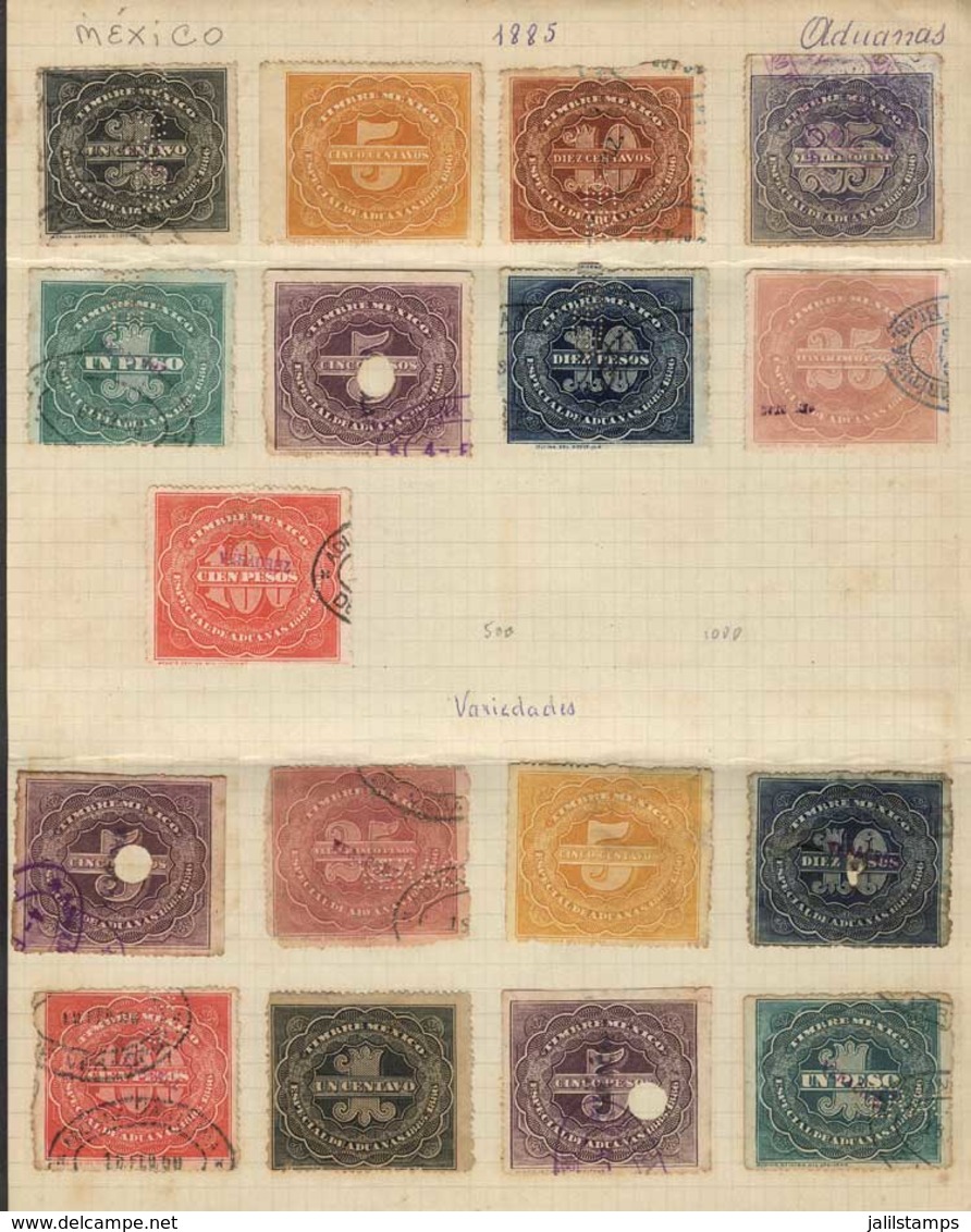 MEXICO: ADUANAS: Year 1885, Album Page Of Old Collection With 17 Stamps Of Values Between 1c. And $100, Fine General Qua - Mexiko