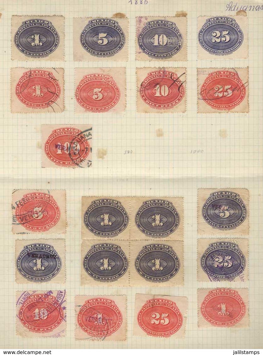 MEXICO: ADUANAS: Year 1886, 2 Album Pages Of An Old Collection With 26 Stamps Between 1c. And $100, Including Examples O - Mexiko