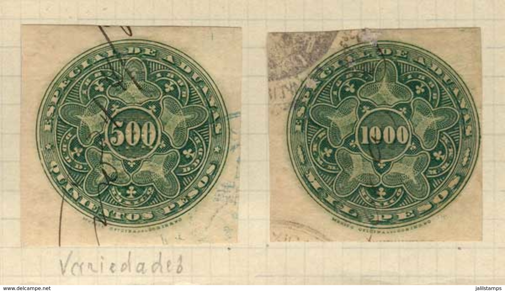 MEXICO: ADUANAS: Year 1887, 2 Album Pages Of Old Collection With 29 Stamps Between 1c. And $1000, Including Examples Ove - Mexiko