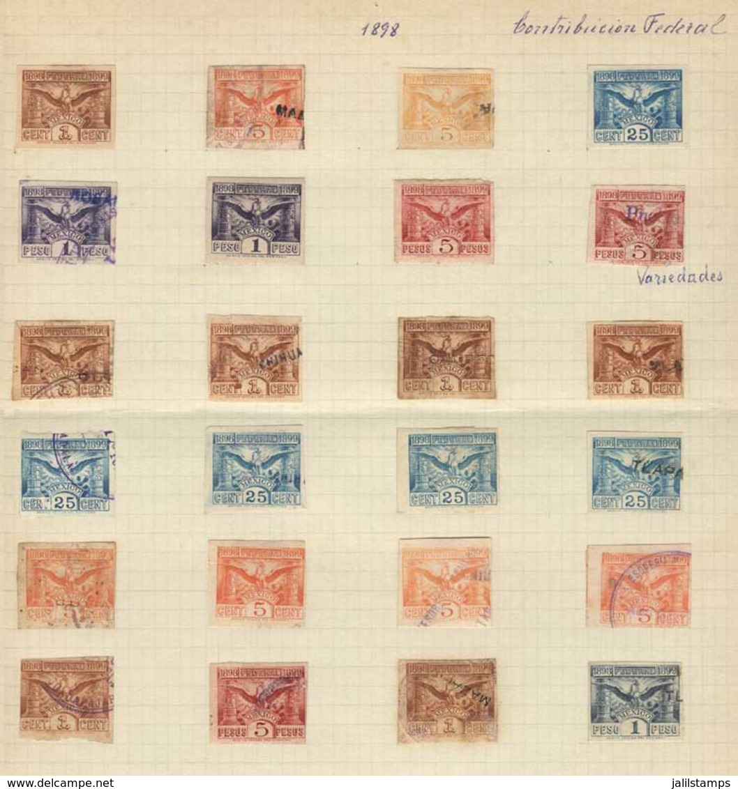 MEXICO: 24 Stamps For Federal Contribution, Year 1898, Values Up To 5P., Interesting, Topic Fauna (eagle, Snake) And Cac - Mexiko