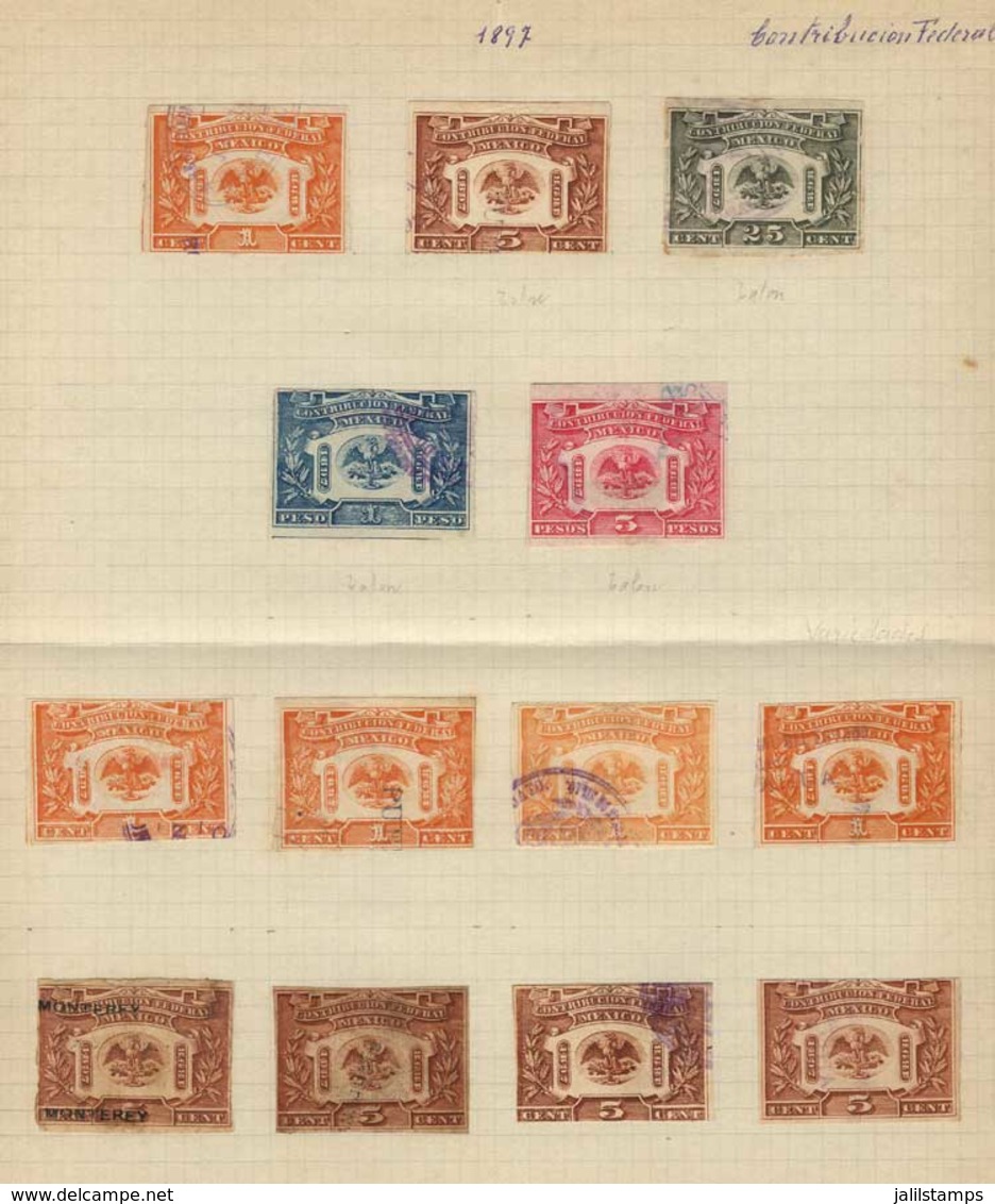 MEXICO: CONTRIBUCIÓN FEDERAL: 2 Album Pages Of Old Collection With 23 Stamps Between 1c. And $5, VF Quality! - Mexico