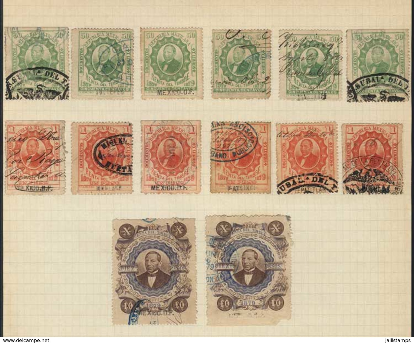 MEXICO: 127 Stamps For Documents And Books, Year 1879, Interesting, Including High Values Up To 10 Pesos (2 Examples). F - Mexico