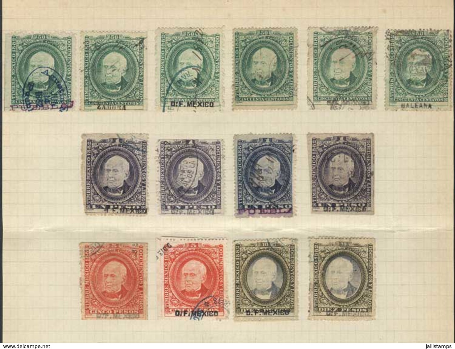 MEXICO: 91 Stamps For Documents And Books, Year 1882, Interesting, Including High Values Up To 10P X2. Fine General Qual - Mexiko