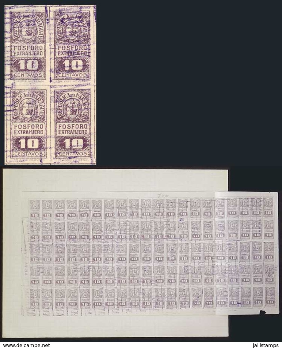 PARAGUAY: Complete Sheet Of 100 Stamps Of 10c. For FOREIGN MATCHES Tax, Very Interesting, Fine Quality, Mounted With Old - Paraguay