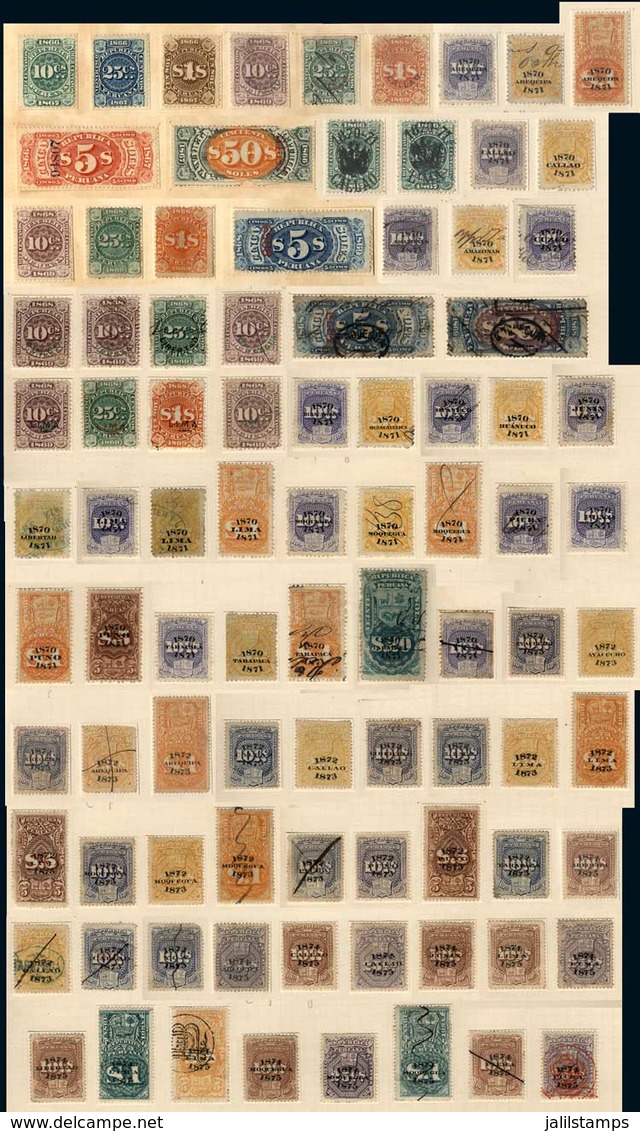 PERU: Old Album With 84 Interesting Revenue Stamps, All Mounted With Strong Hinges (will Have To Be Soaked Off), Fine To - Peru