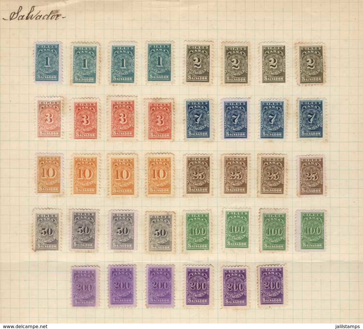 EL SALVADOR: TASA DE GIROS: Album Page Of An Old Collection With 38 Stamps Of Values Between 1c. And 200c., Mint No Gum, - El Salvador