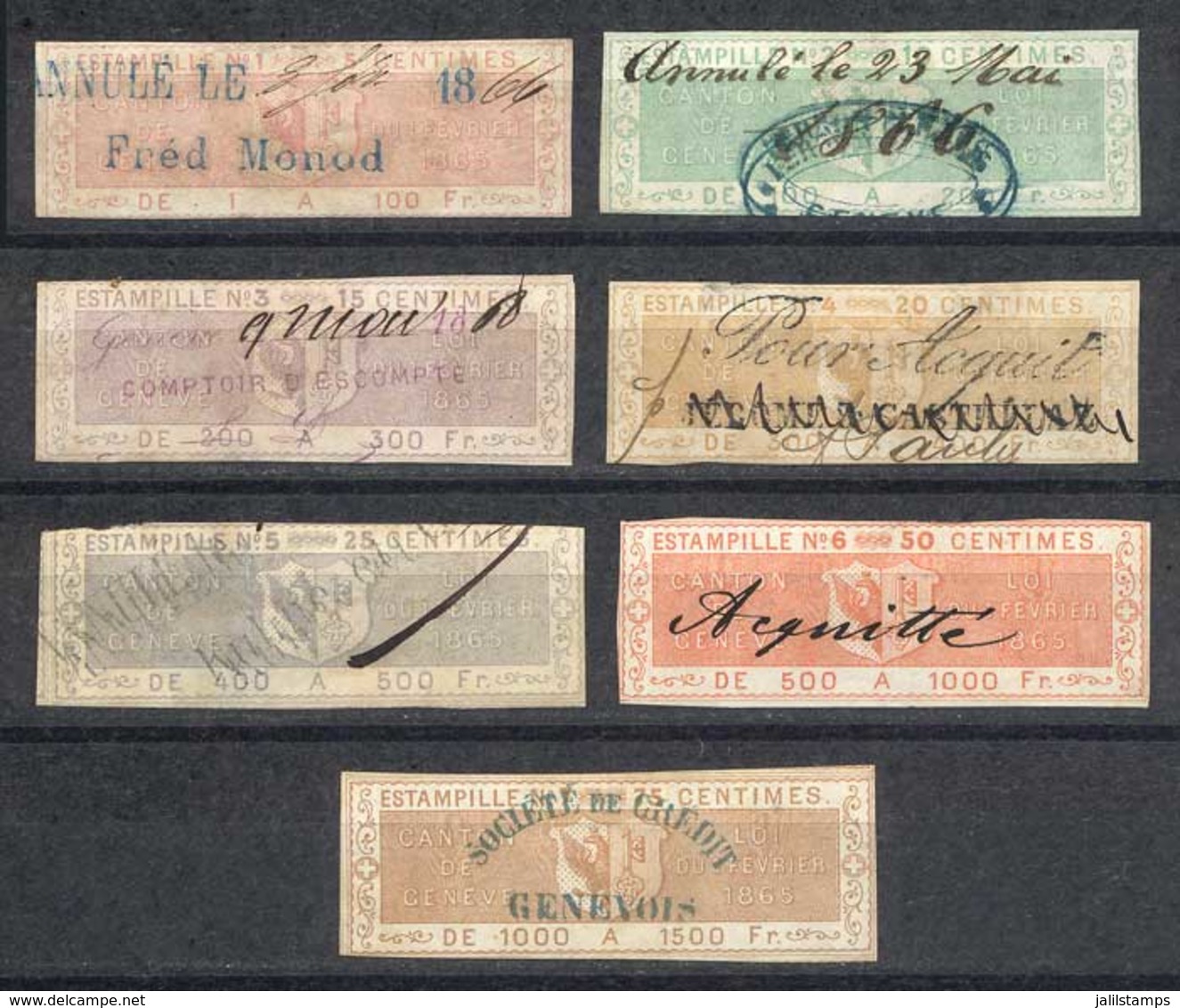 SWITZERLAND: GENEVE: Commerce, Year 1865, Imperforate, White Paper, Complete Set Of 7 Used Values, Fine Quality (some Wi - Steuermarken