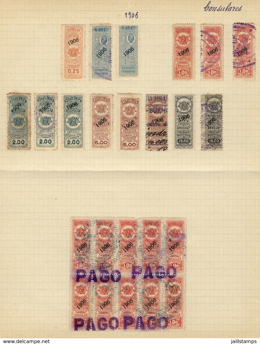 URUGUAY: CONSULAR SERVICE: Year 1906, Album Page Of An Old Collection With 14 Stamps And One Block Of 10 Of 1P., Fine Ge - Uruguay