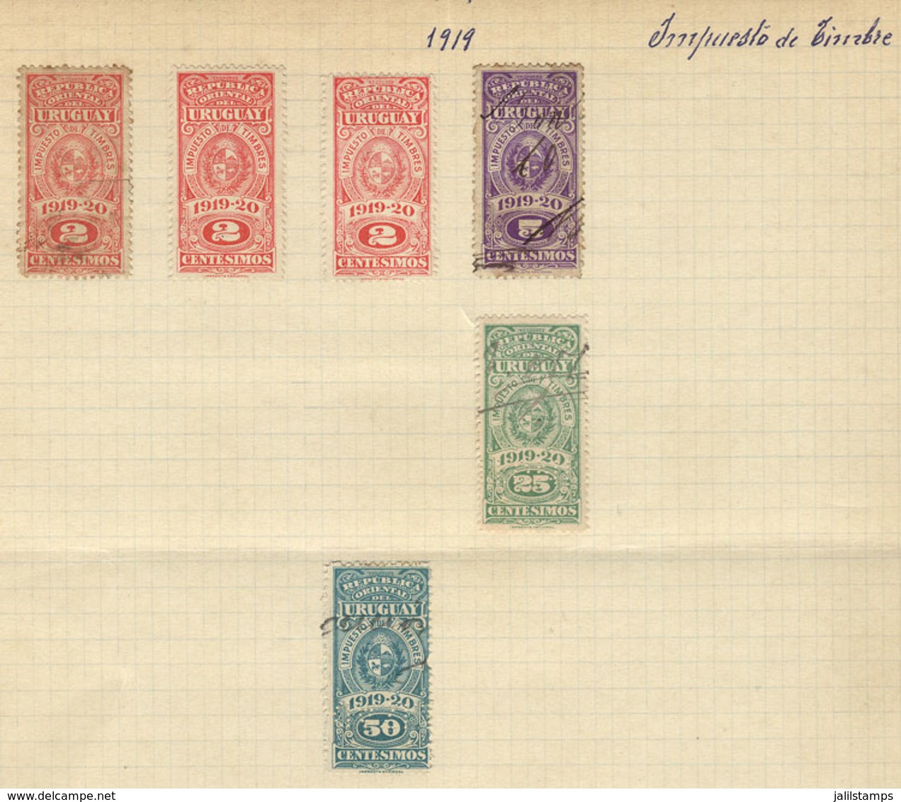 URUGUAY: IMPUESTO DE TIMBRE: 35 Stamps On Pages Of An Old Collection, Fine General Quality, Interesting Lot! - Uruguay