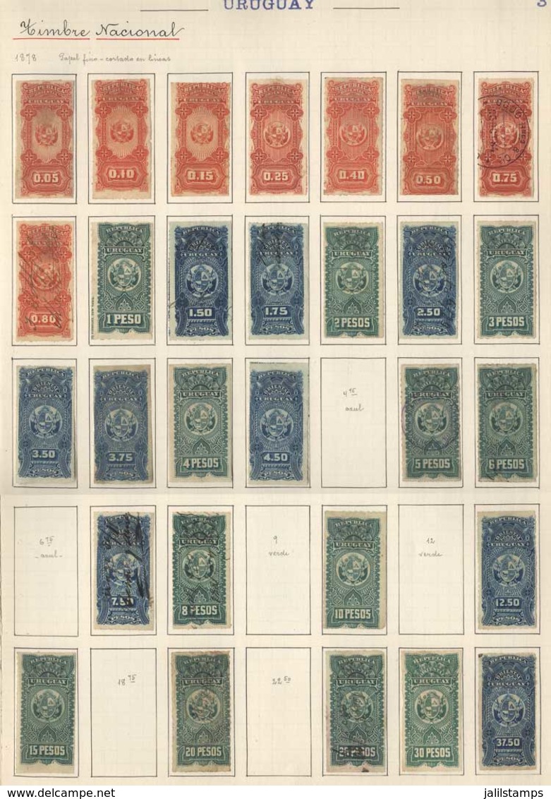 URUGUAY: DOCUMENTS: Year 1878 To 1892, Collection In Old Album, In Total 139 Revenue Stamps, Including Rare Stamps, Vari - Uruguay