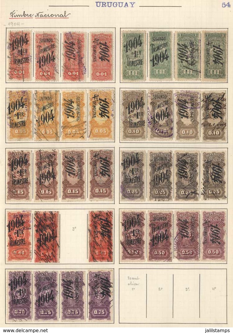 URUGUAY: DOCUMENTS: Year 1902 To 1905, Collection In Old Album, In Total 104 Revenue Stamps, Including Rare Stamps, Vari - Uruguay