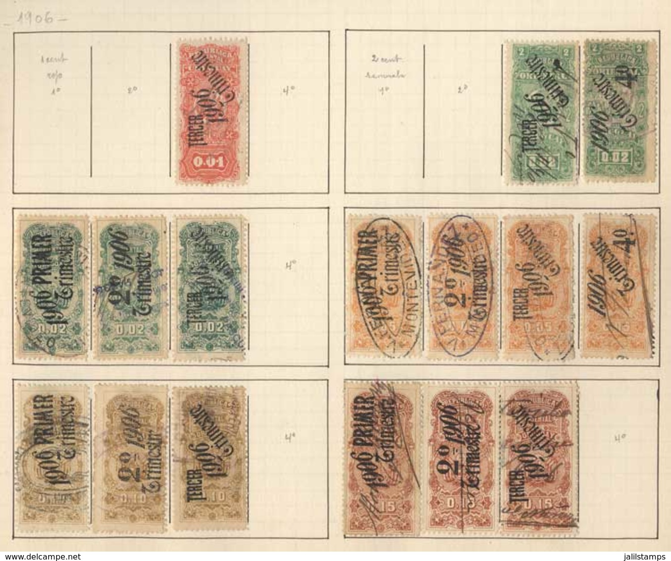 URUGUAY: DOCUMENTS: Year 1905 To 1908, Collection In Old Album, In Total 66 Revenue Stamps, Including Rare Stamps, Varie - Uruguay