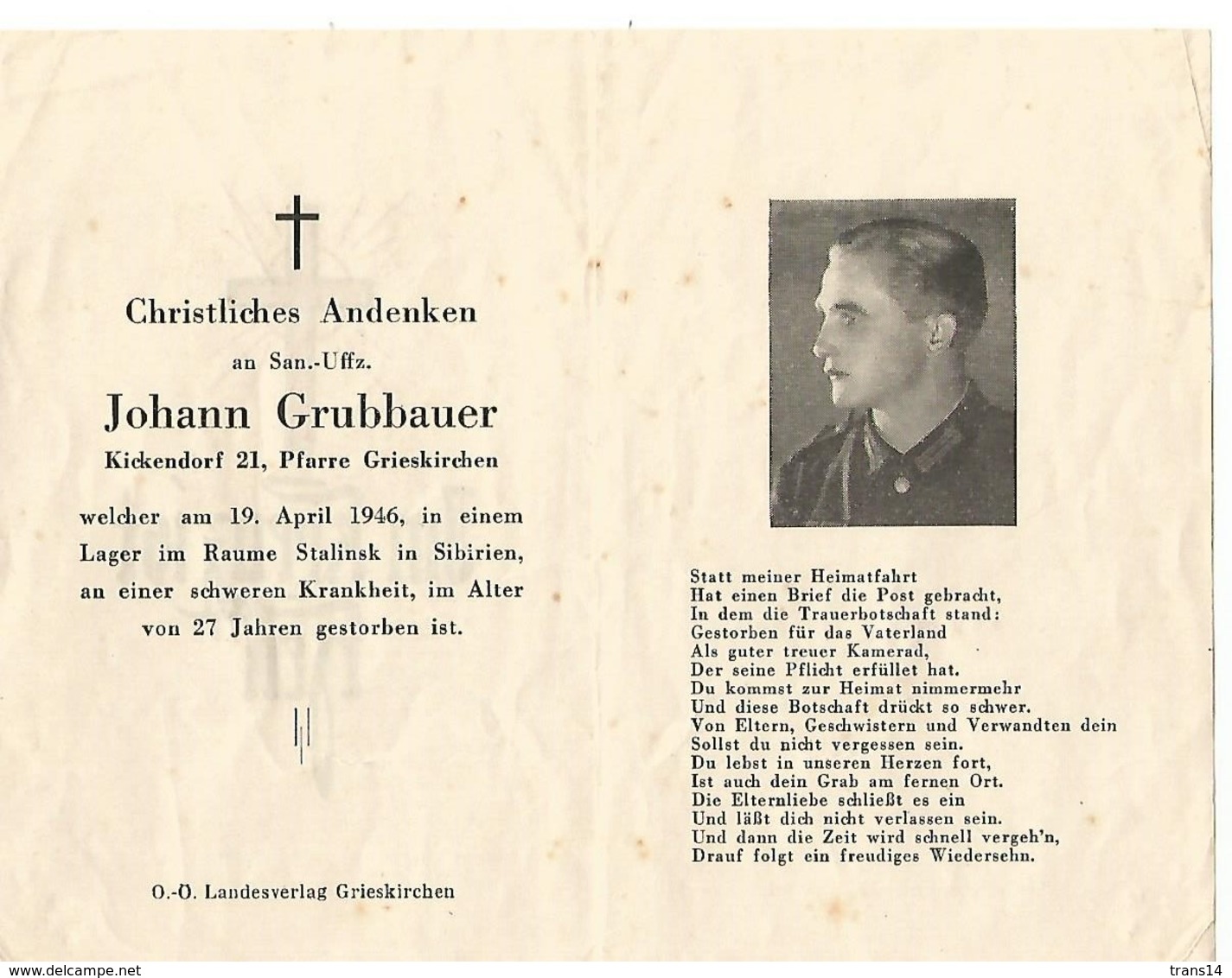 Sterbebild ,carte De Décès Unteroffizier Infirmier , Camp De Prisonniers 1946 : SIBERIE . DEATH CARD - 1939-45