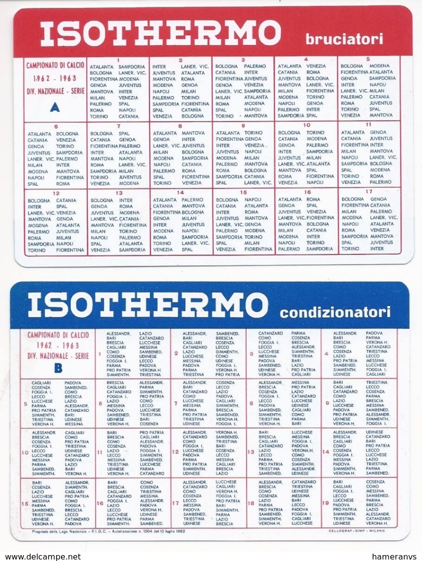 Calendarietto Isothermo Condizionatori - Campionato Di Calcio 1962-63 Serie A E B - Calendario - Petit Format : 1961-70