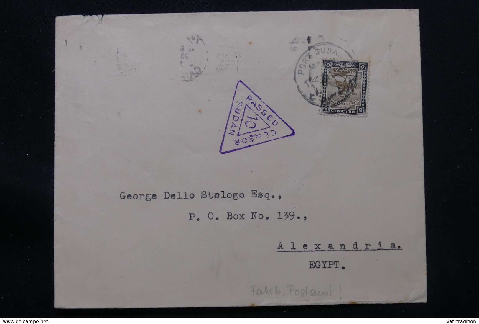 SOUDAN - Enveloppe De Port Sudan Pour Alexandrie En 1939 Avec Contrôle Postal , Affranchissement Plaisant - L 57411 - Sudan (...-1951)