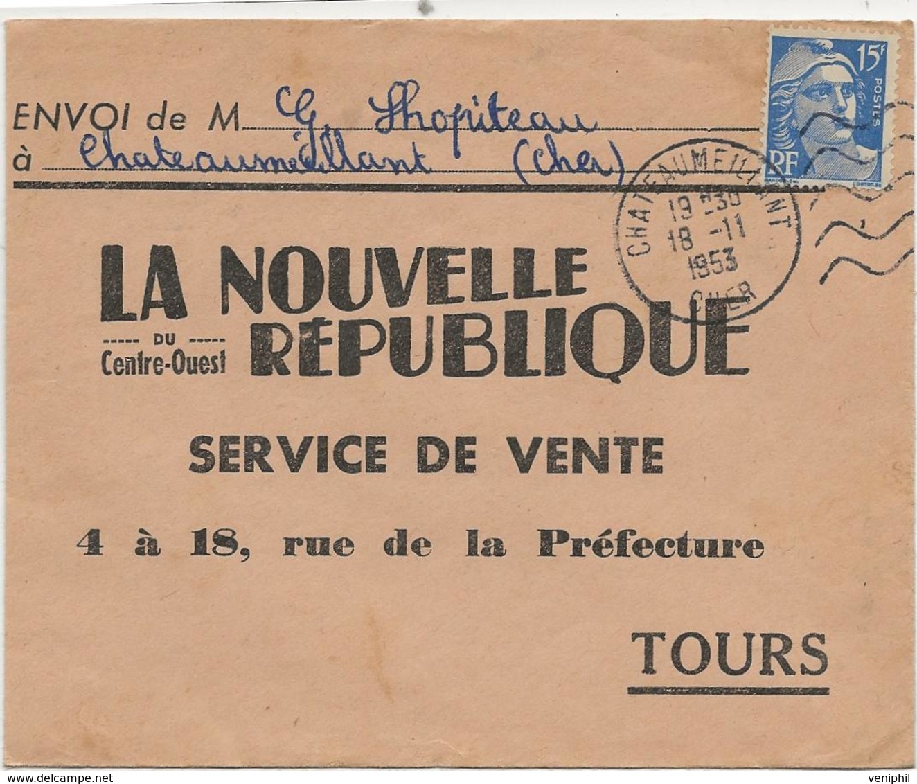 LETTRE OBLITERATION DAGUIN -5 LIGNES ONDULEES - CHATEAUMEILLANT -1954 - Mechanical Postmarks (Other)