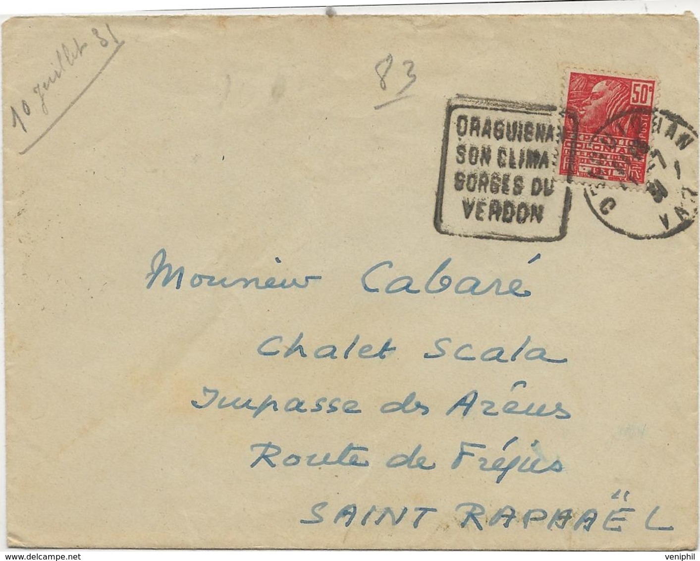 LETTRE OBLITERATION DAGUIN - DRAGUIGNAN-SON CLIMAT -GORGES DU VERDON -AFFR N° 272 -ANNEE 1930-31 - Mechanical Postmarks (Other)